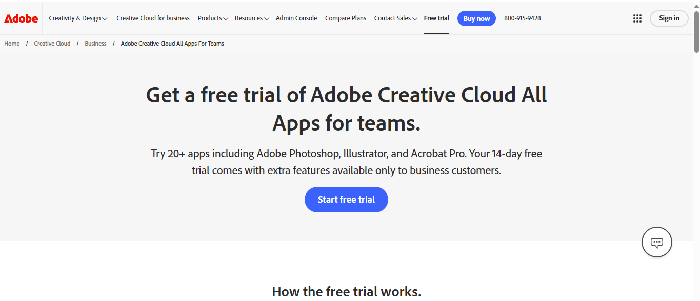 Adobe Creative Cloud free trial landing page showcasing included apps and benefits
